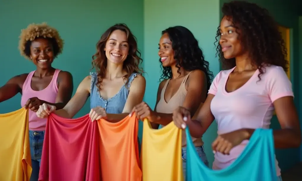 Mulheres brasileiras dobrando roupas, cuidando das peças como ritual de autocuidado.