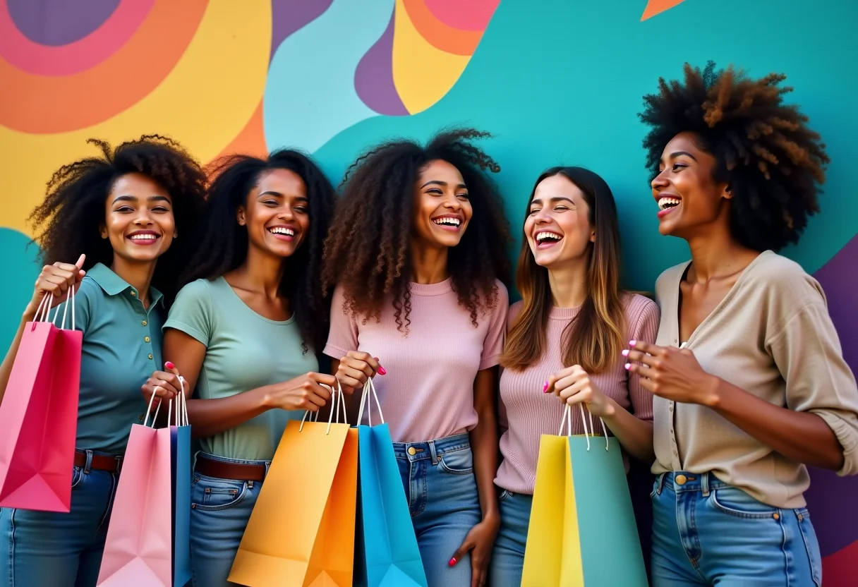 Mulheres diversas aproveitando compras nos EUA com mural vibrante ao fundo.
