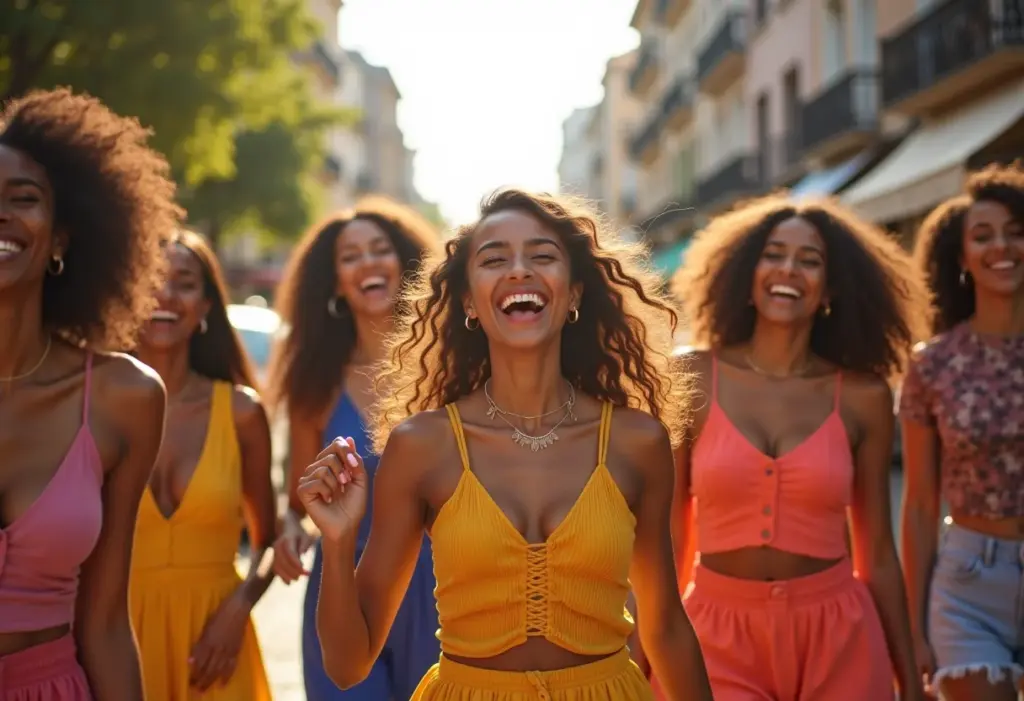 Mulheres diversas celebrando a moda dopamina com looks coloridos