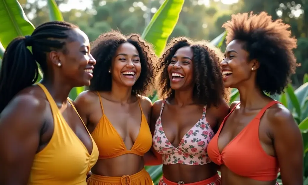 Mulheres diversas celebrando seus corpos em jardim vibrante, demonstrando alegria e aceitação.