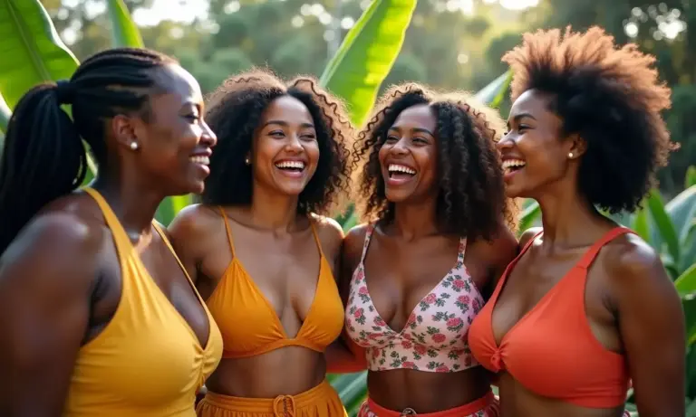 Mulheres diversas celebrando seus corpos em jardim vibrante, demonstrando alegria e aceitação.