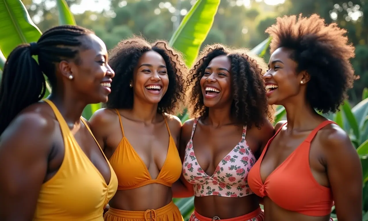 Mulheres diversas celebrando seus corpos em jardim vibrante, demonstrando alegria e aceitação.