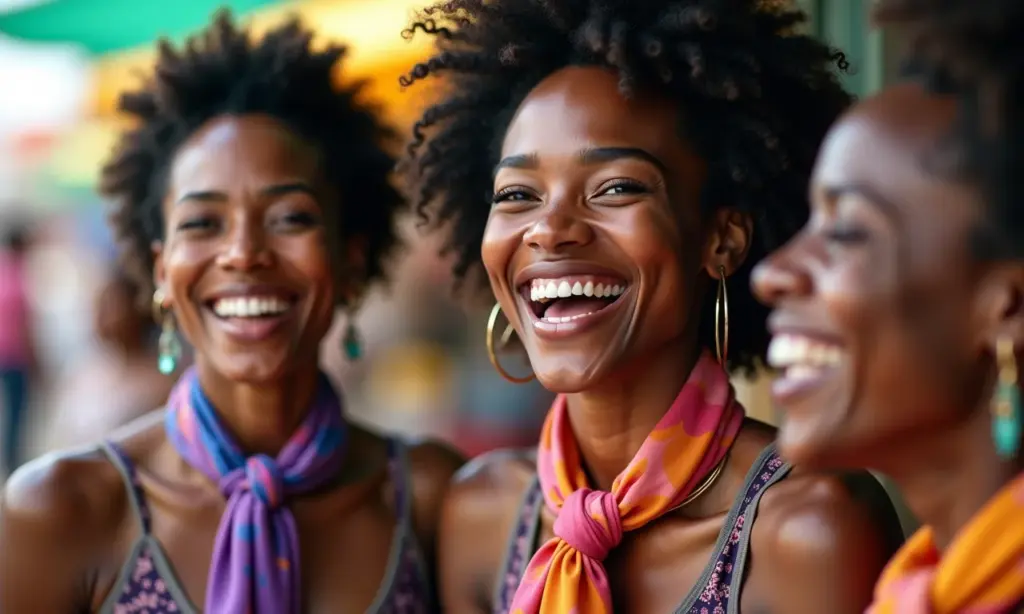 Mulheres diversas com lenços coloridos no pescoço sorrindo em mercado vibrante.