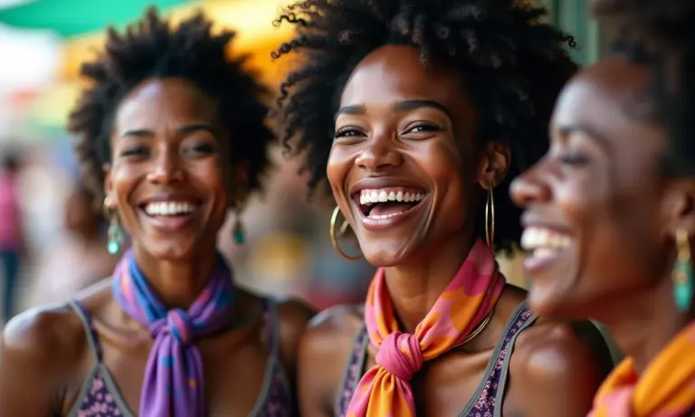 Mulheres diversas com lenços coloridos no pescoço sorrindo em mercado vibrante.