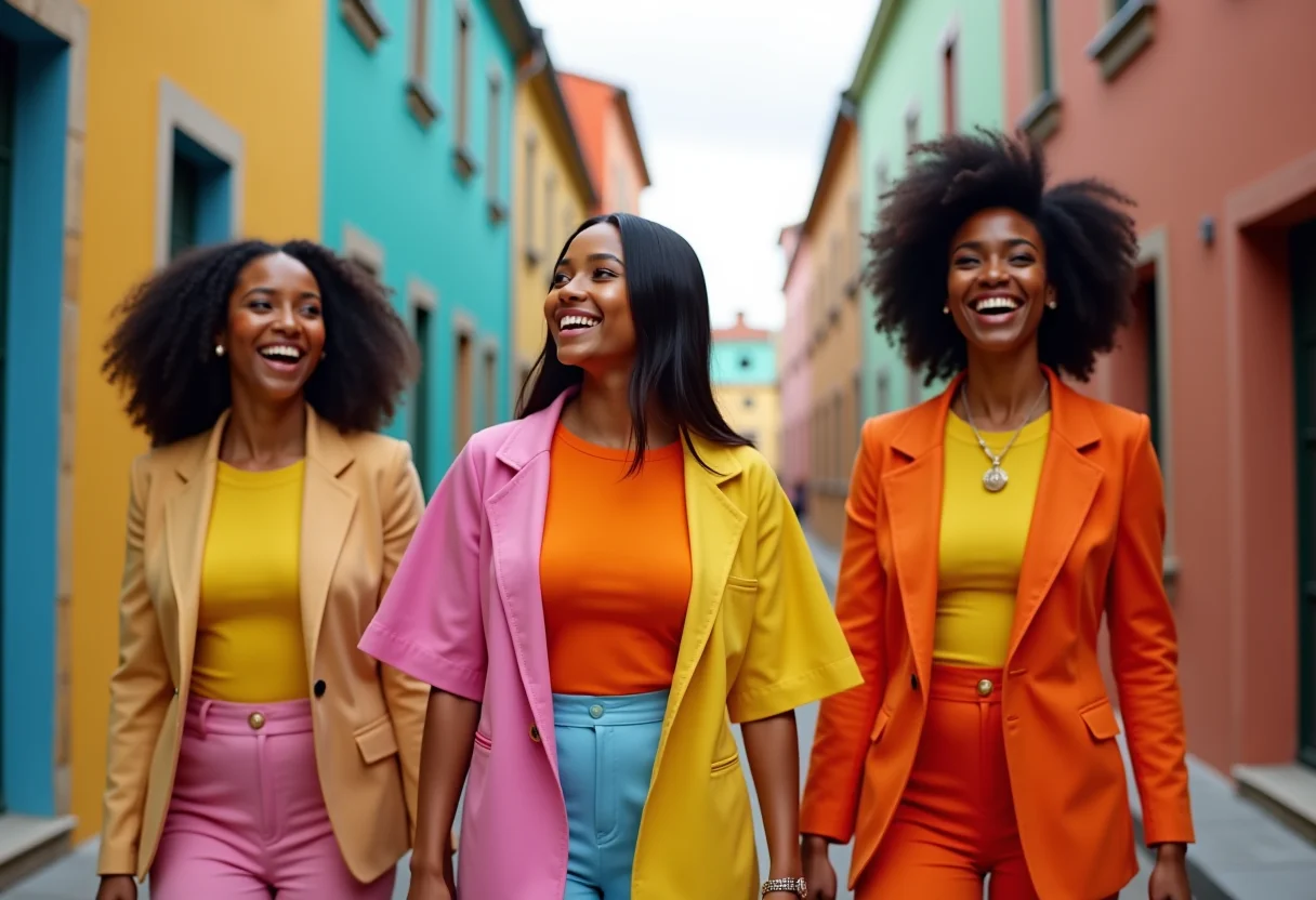Mulheres diversas com roupas coloridas e vibrantes caminhando juntas na cidade, celebrando a moda dopamina.