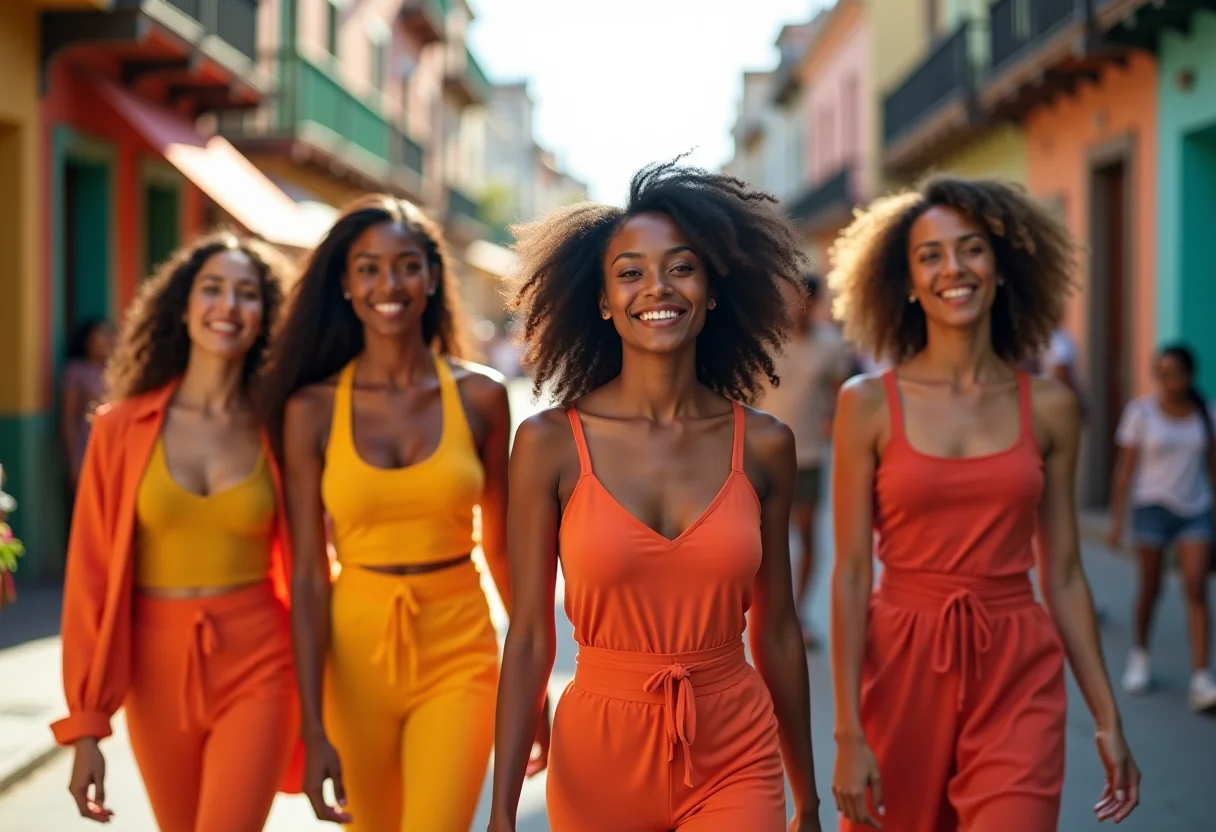 Mulheres diversas com roupas vibrantes caminhando juntas