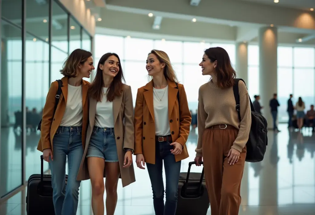 Mulheres diversas e estilosas em aeroporto prontas para viajar confortáveis