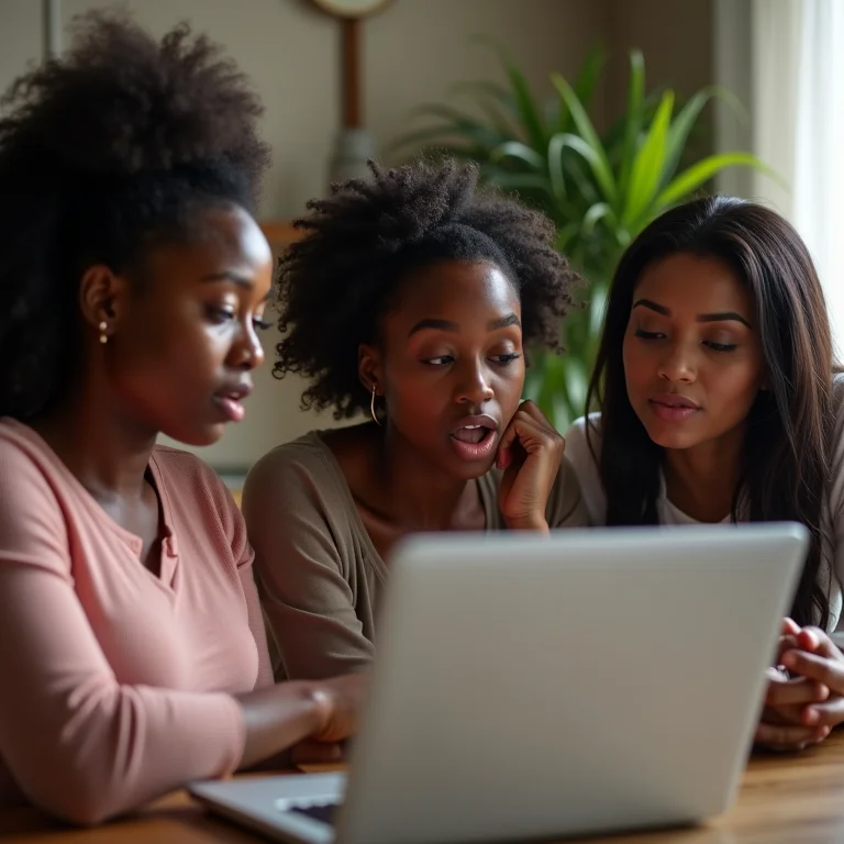 Mulheres diversas lendo avaliações de pousada online.