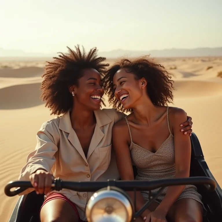 Mulheres diversas se divertindo em passeio de buggy nas dunas de Mangue Seco