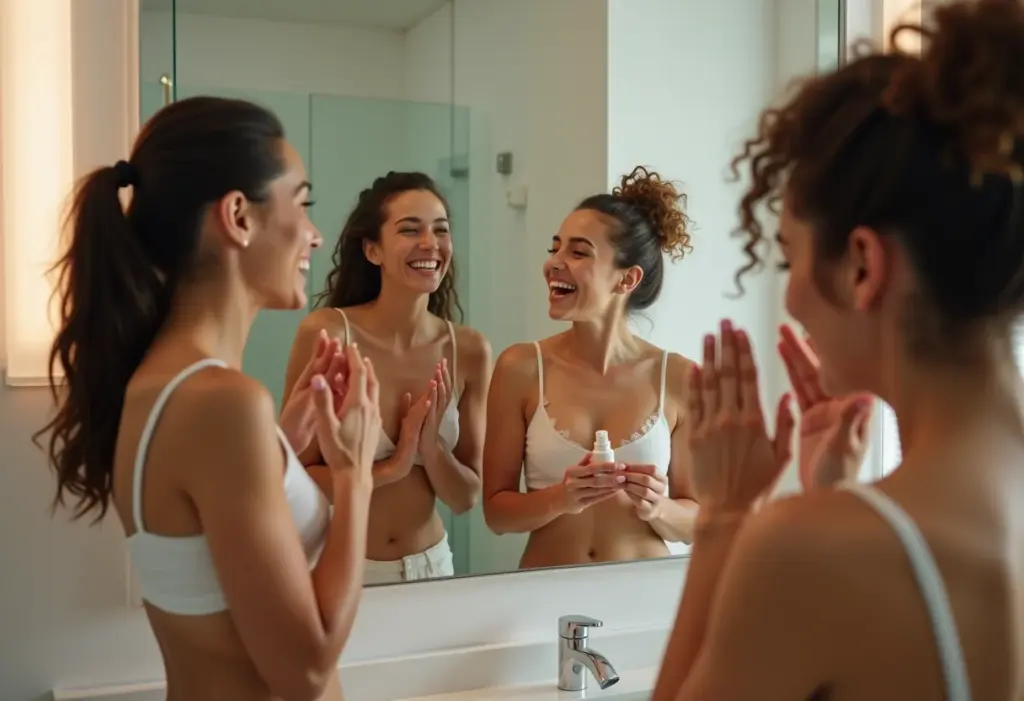 Mulheres diversas usando desodorantes naturais em banheiro minimalista.