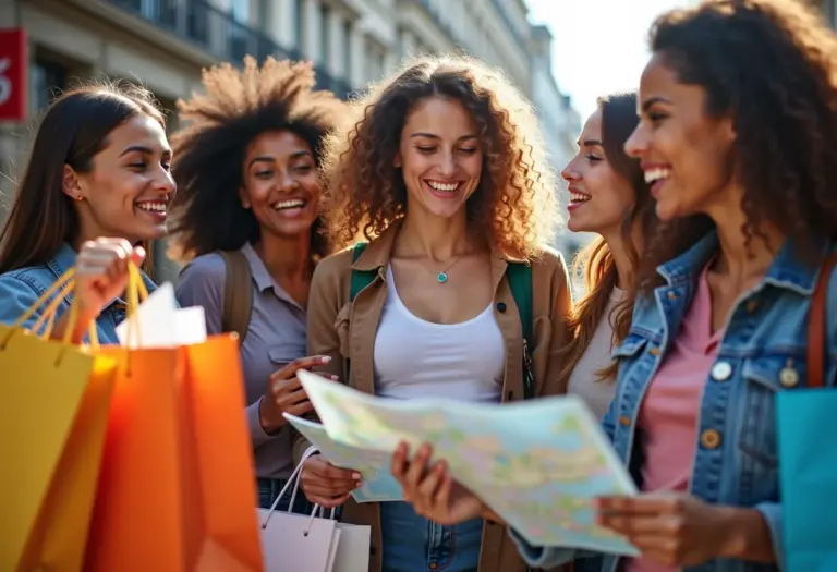 Mulheres felizes em viagem de compras nos EUA.