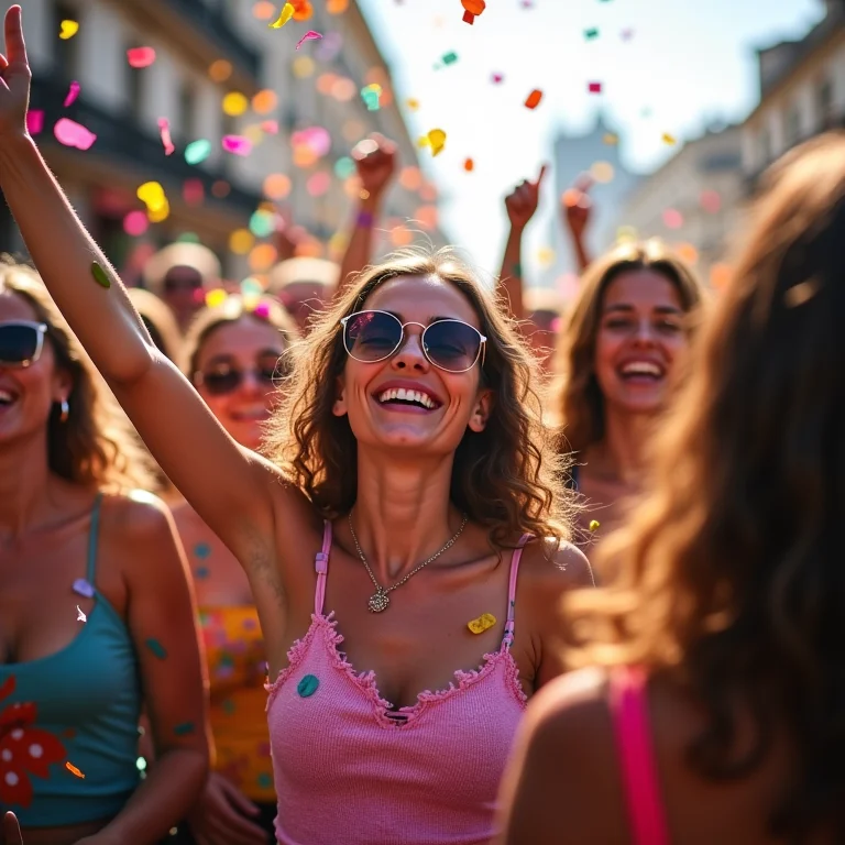 Multidão diversa coberta de confetes durante o Carnaval.