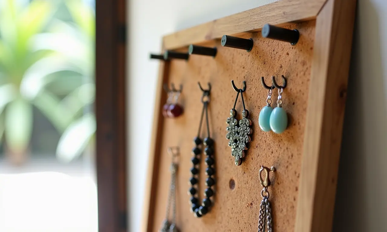 Mural de cortiça para brincos e colares.