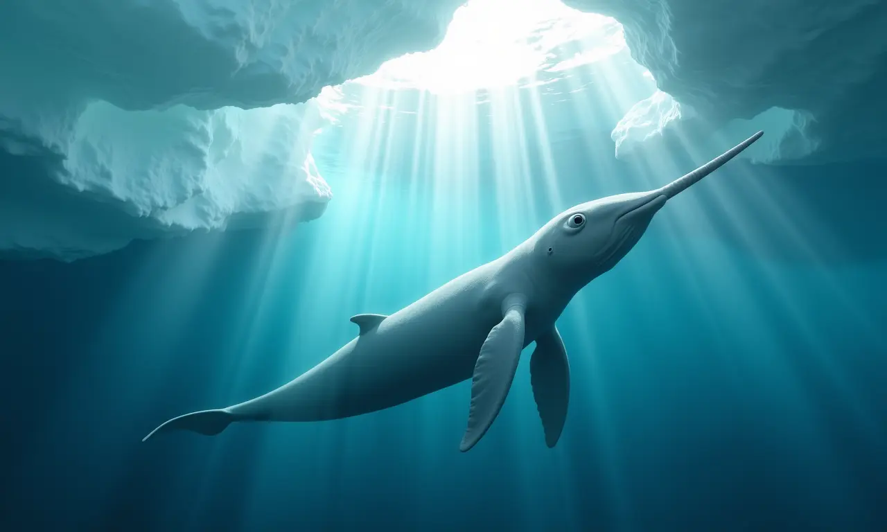 Narval nadando sob o gelo ártico.