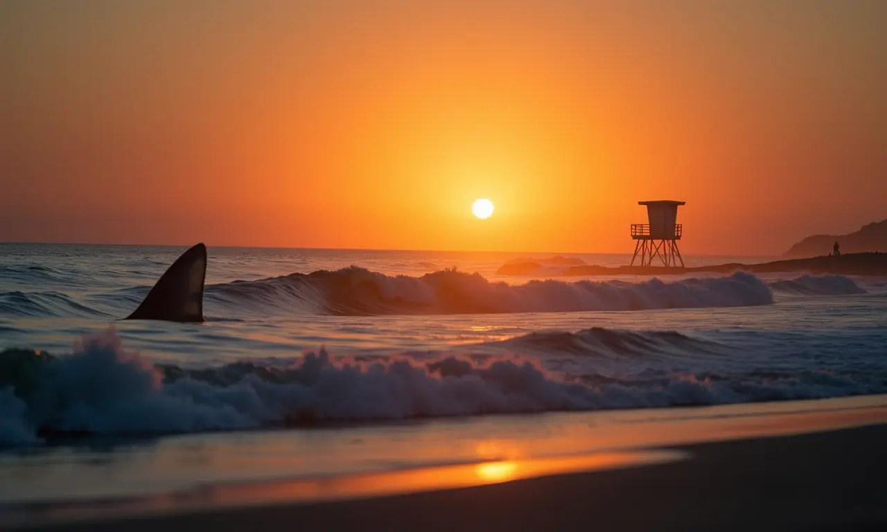Nascer do sol no oceano com barbatana de tubarão visível perto da costa.