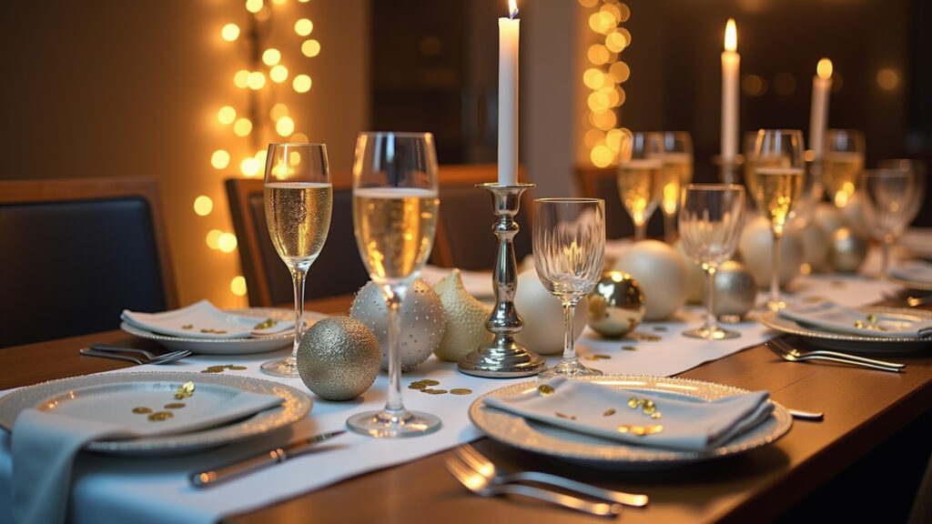 New Year's Eve dining table with silver, gold, and white decorations, champagne glasses, and Mesa de jantar 4 lugares para o Ano Novo com brilho e elegância.