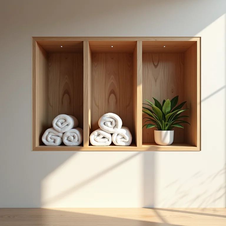 Nichos de madeira organizando um banheiro.