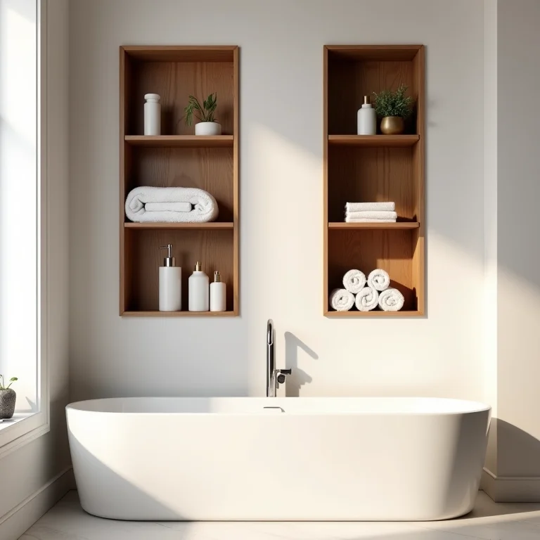 Nichos e prateleiras de madeira para banheiro