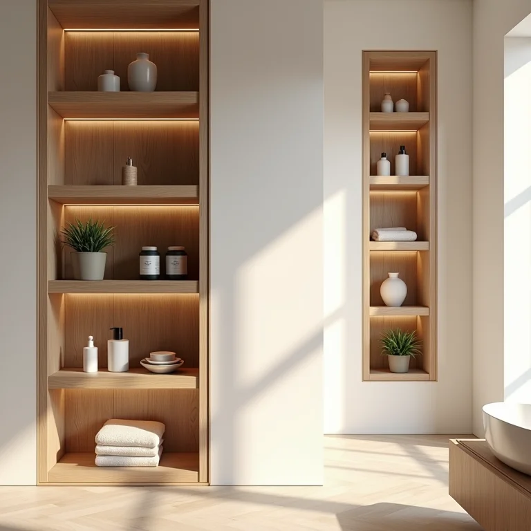 Nichos e prateleiras de madeira para organização de banheiro