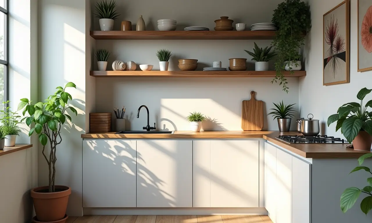 Nichos e prateleiras em cozinha pequena, organização e estilo em alta.