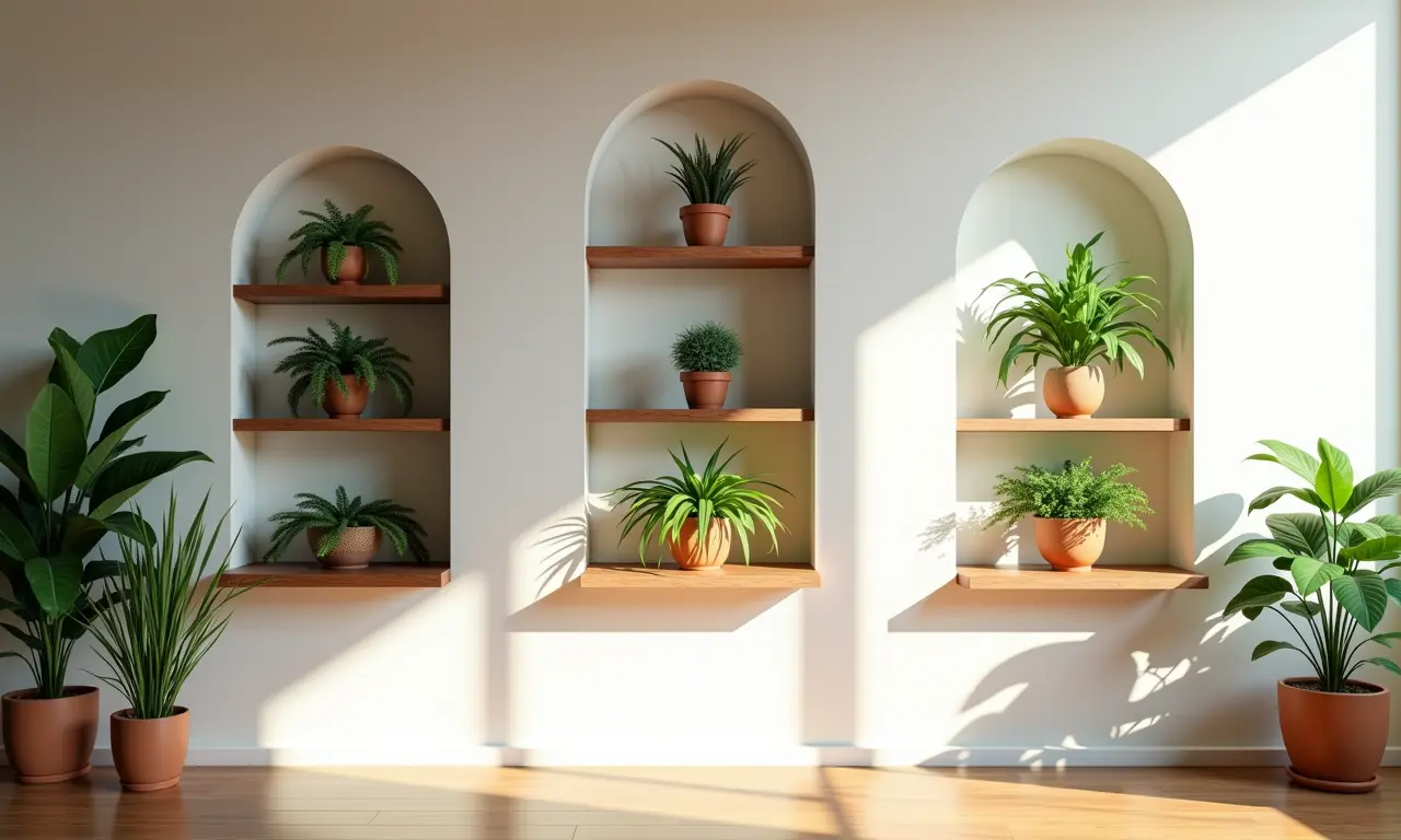 Nichos e prateleiras na parede exibindo plantas e decoração em uma sala iluminada.