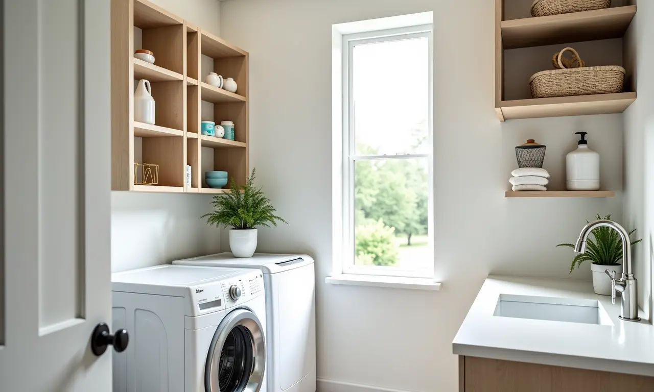 Nichos organizadores em lavanderia funcional.