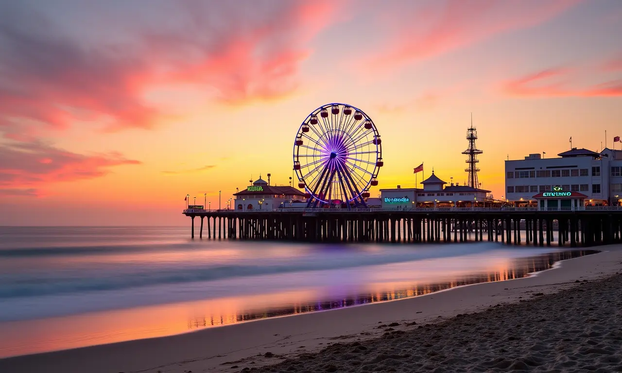 O Píer de Santa Mônica ao pôr do sol, com a roda gigante colorida.
