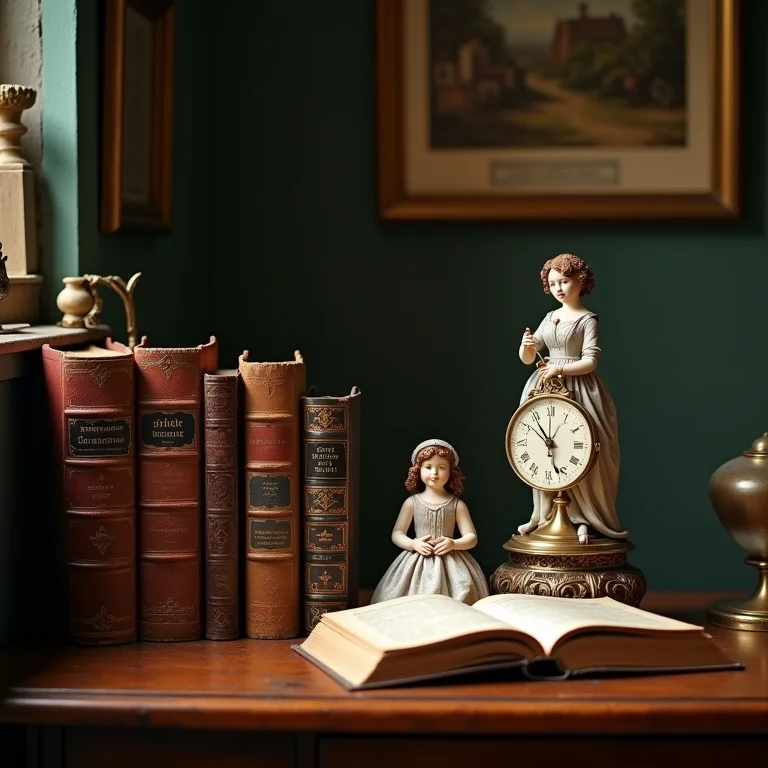 Objetos de antiquário e livros antigos em mesa de madeira.