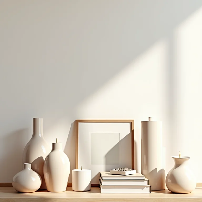 Objetos decorativos dispostos de forma organizada e minimalista