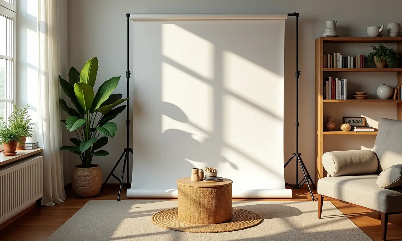 Objetos decorativos em cenário fotográfico caseiro