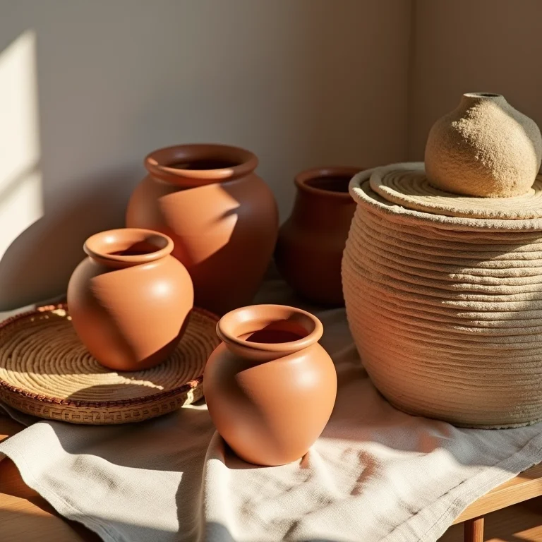 Objetos decorativos em tons terrosos para quarto