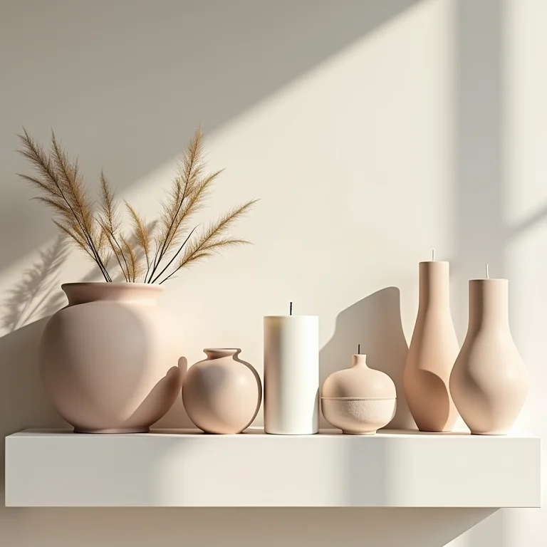 Objetos decorativos minimalistas em prateleira