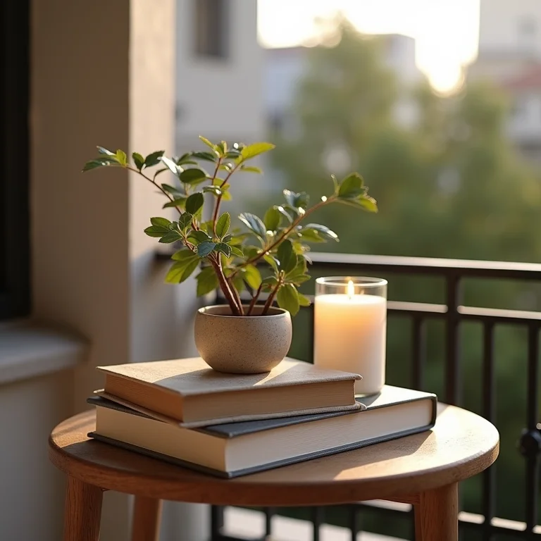 Objetos decorativos pessoais em uma sacada, como livros, velas e lembranças de viagens