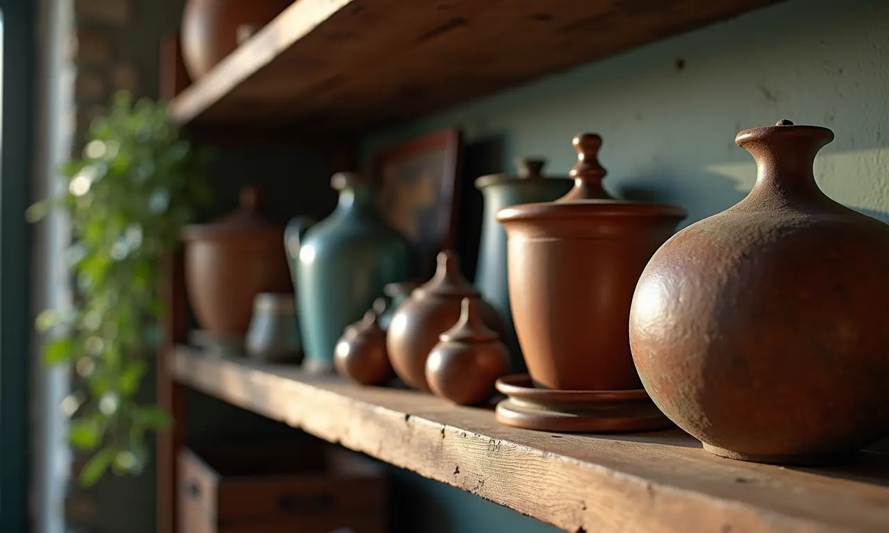 Objetos vintage cuidadosamente colocados em uma prateleira.