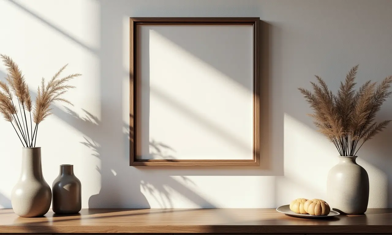 Obra de arte vintage em parede texturizada com objetos de decoração.