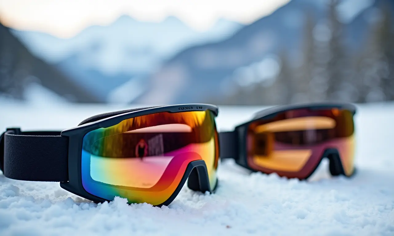 Óculos de sol e máscara de esqui para proteger os olhos na neve.