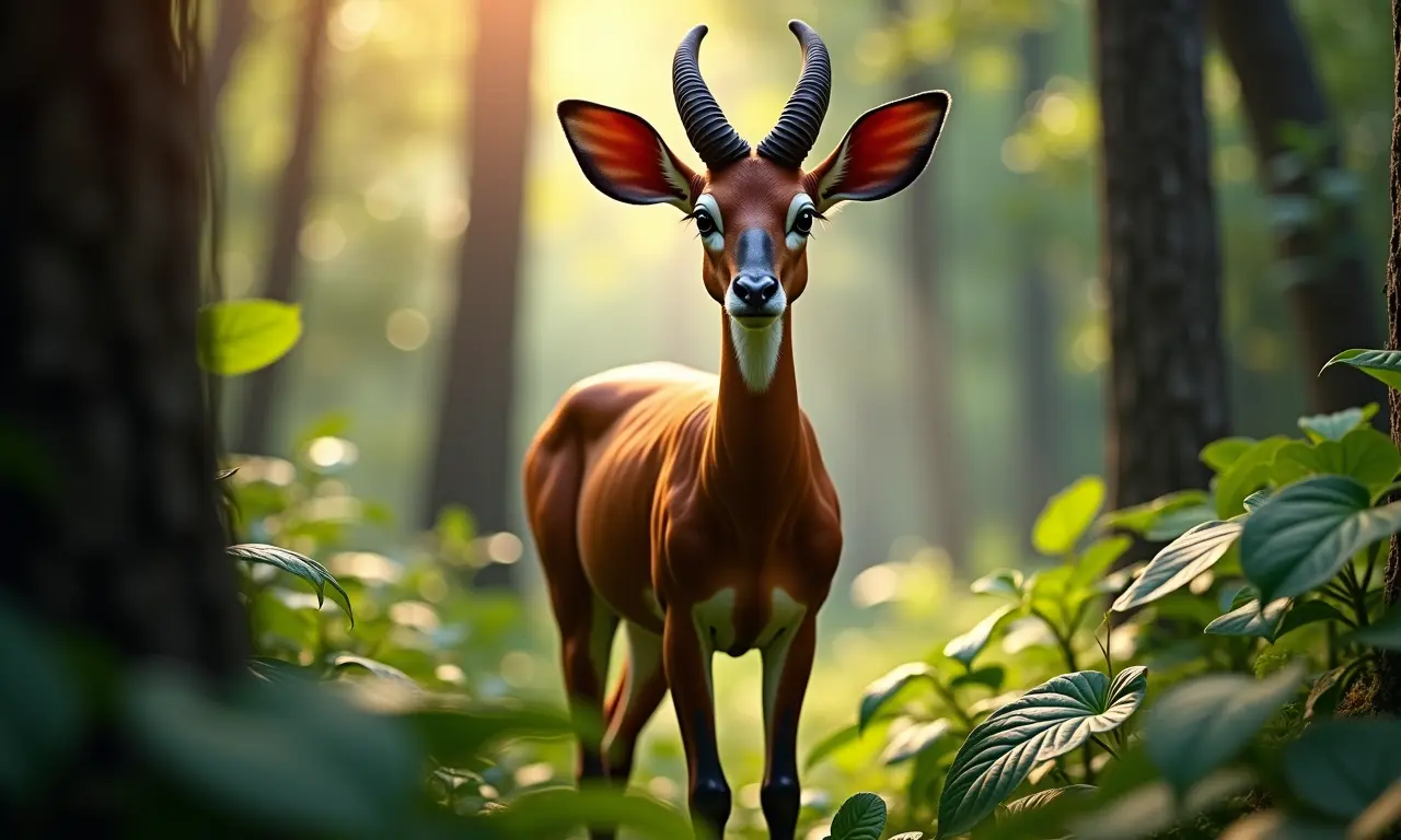 Okapi em floresta tropical africana.