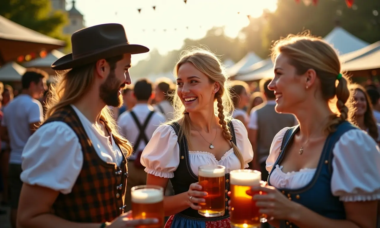 Oktoberfest de Blumenau, pessoas vestidas com trajes típicos alemães, canecas de cerveja e música.