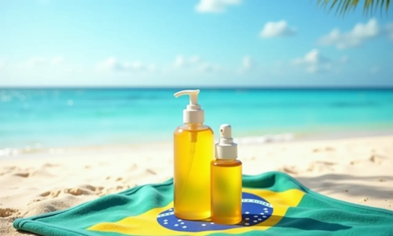Óleo corporal e hidratante em uma toalha de praia brasileira.