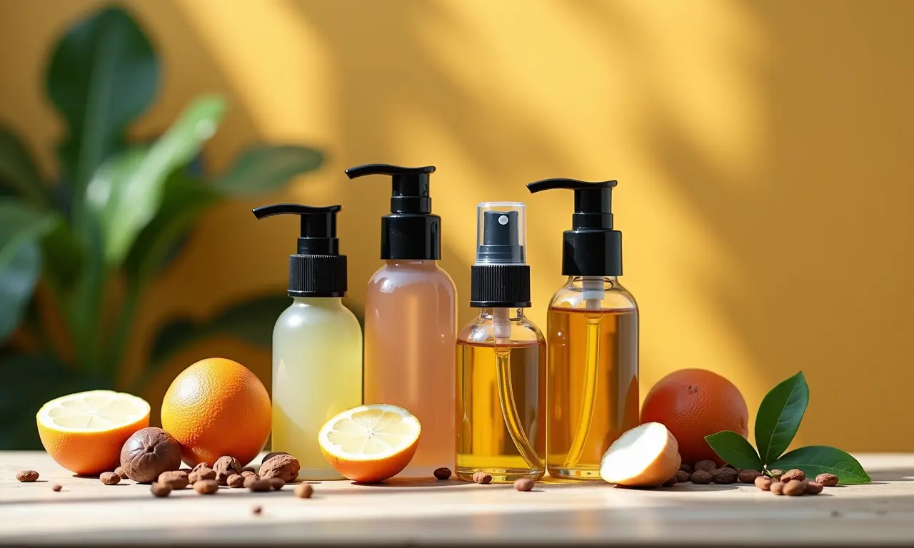 Óleos corporais veganos com ingredientes naturais em exibição.