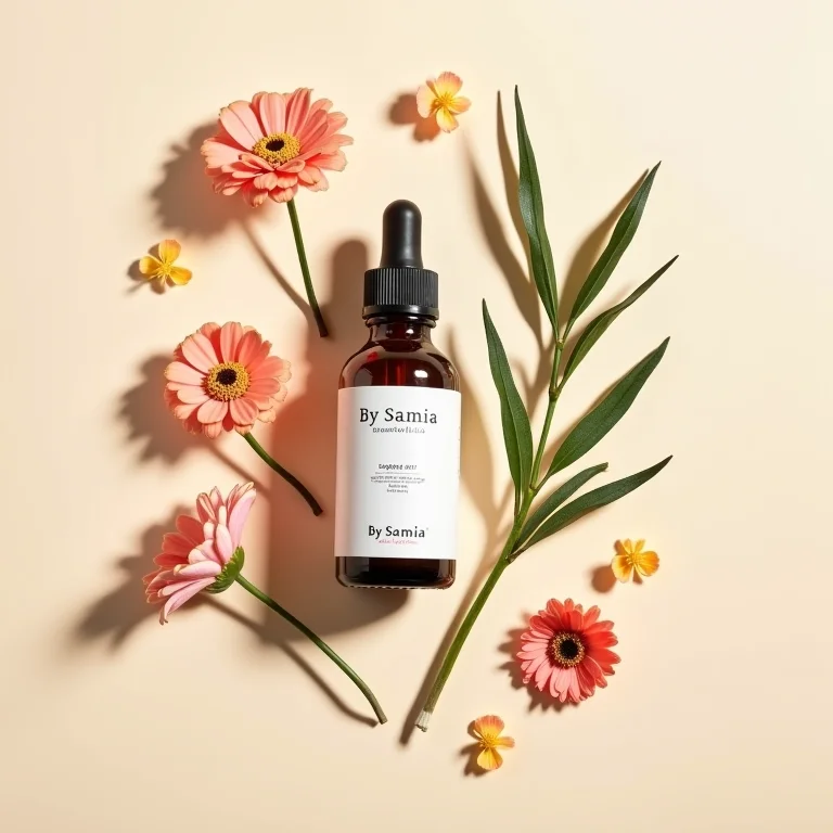 Óleos essenciais By Samia com flores e elementos naturais.