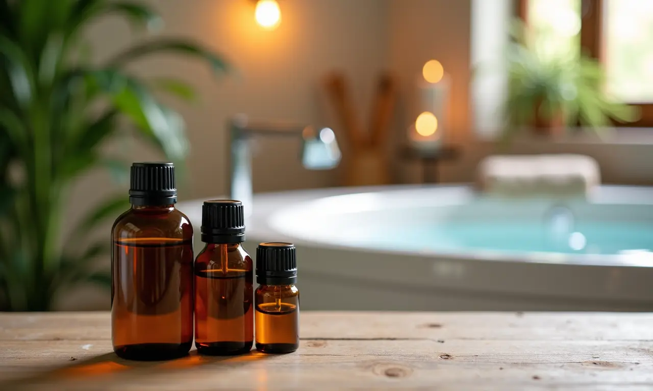 Óleos essenciais para aromaterapia ao lado de hidromassagem.