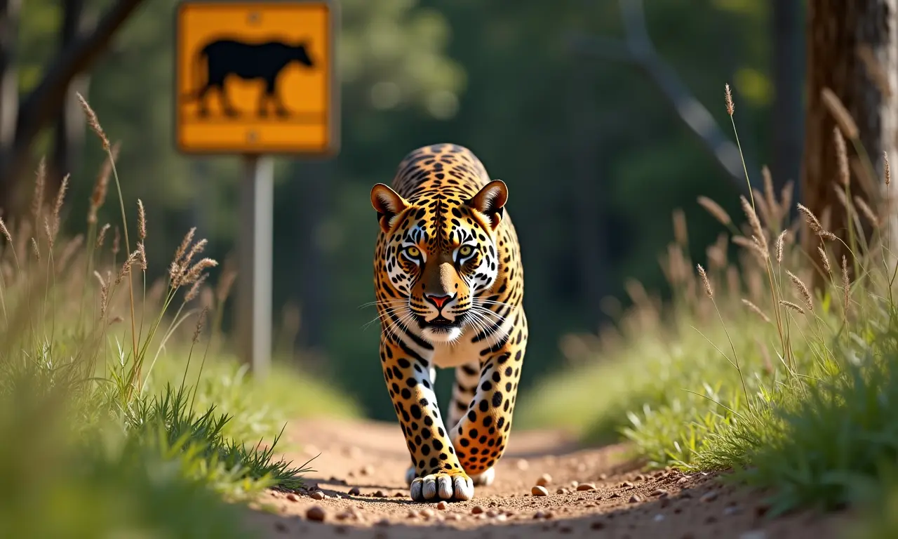 Onça-pintada caminhando em área de conservação no Pantanal.