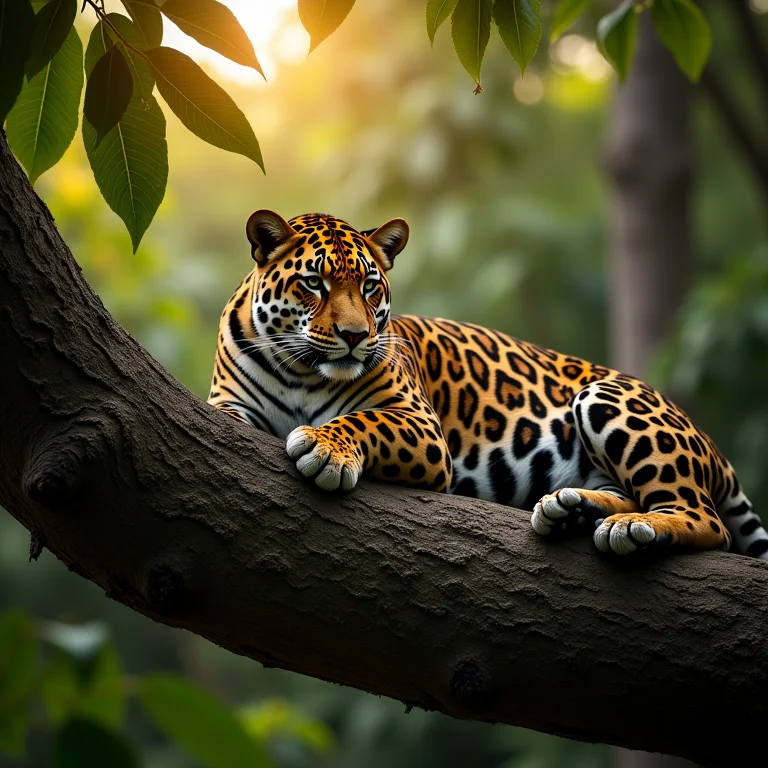 Onça-pintada descansando em tronco de árvore no Pantanal