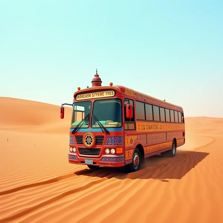 Ônibus marroquino tradicional colorido viajando por uma paisagem desértica