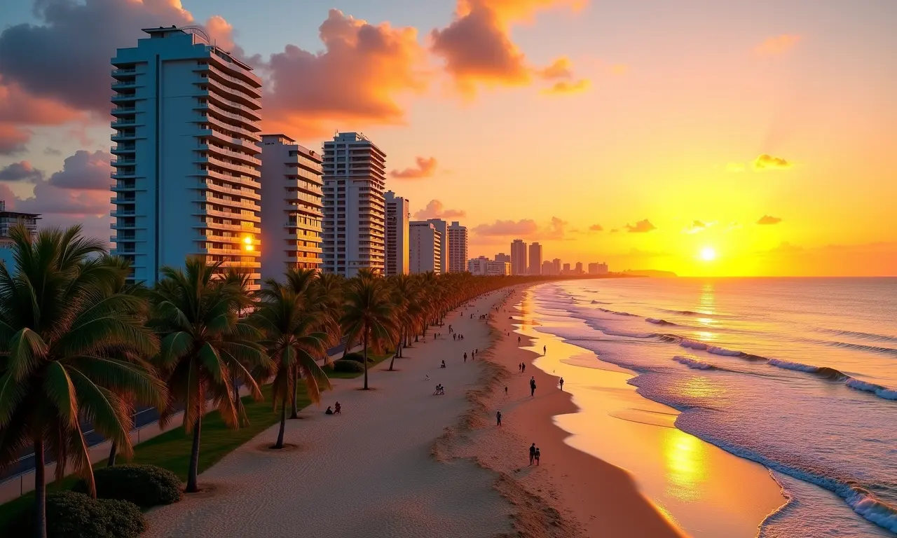 Orla de Maceió ao pôr do sol, com hotéis refletindo a luz dourada.