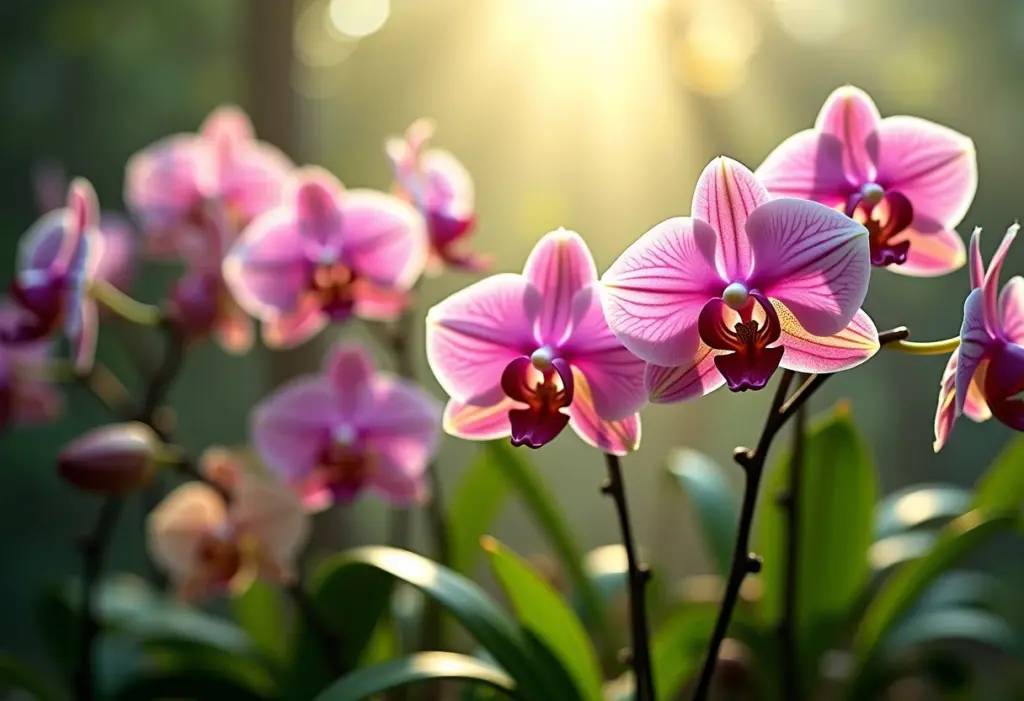 Orquídeas exuberantes florescendo em um ambiente bem iluminado.