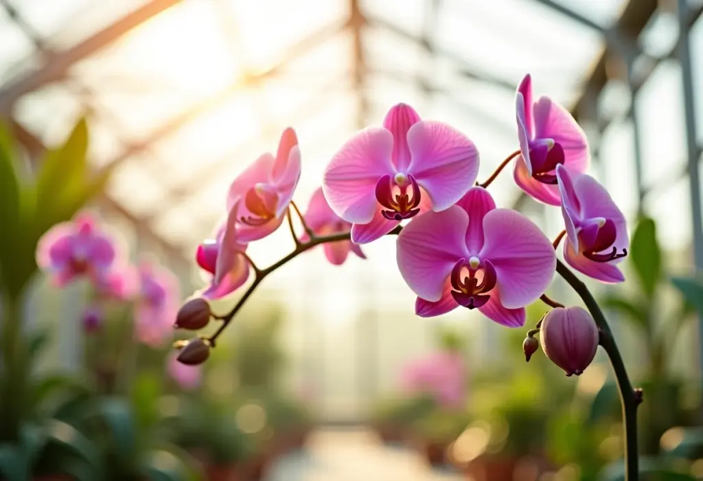 Orquídeas vibrantes florescendo em estufa ensolarada