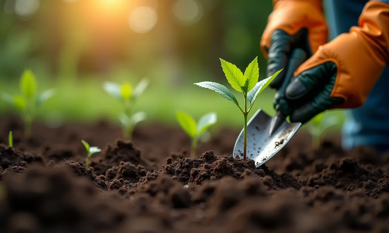 Pá de jardinagem plantando muda com precisão.