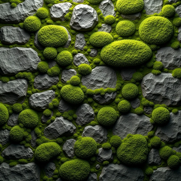 Padrões e texturas em uma parede de pedra coberta de musgo